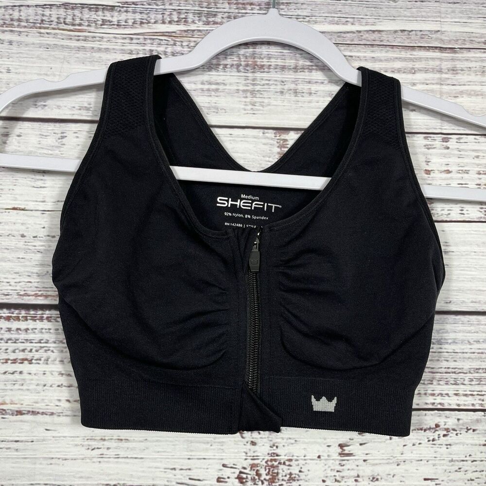 SHEFIT Lounge Bra Medium Black Front Zip Sports Wireless Comfort Active NO PADS